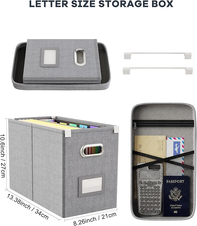 Oterri Hanging Filing File Box with Mesh Pocket, File Organizer Box with Lid, Collapsible Document Organizer Box for Letter Size, Easy Slide Durable Storage Box for Office/Decor/Home (2 PCS, Grey)-DeskLoop Office