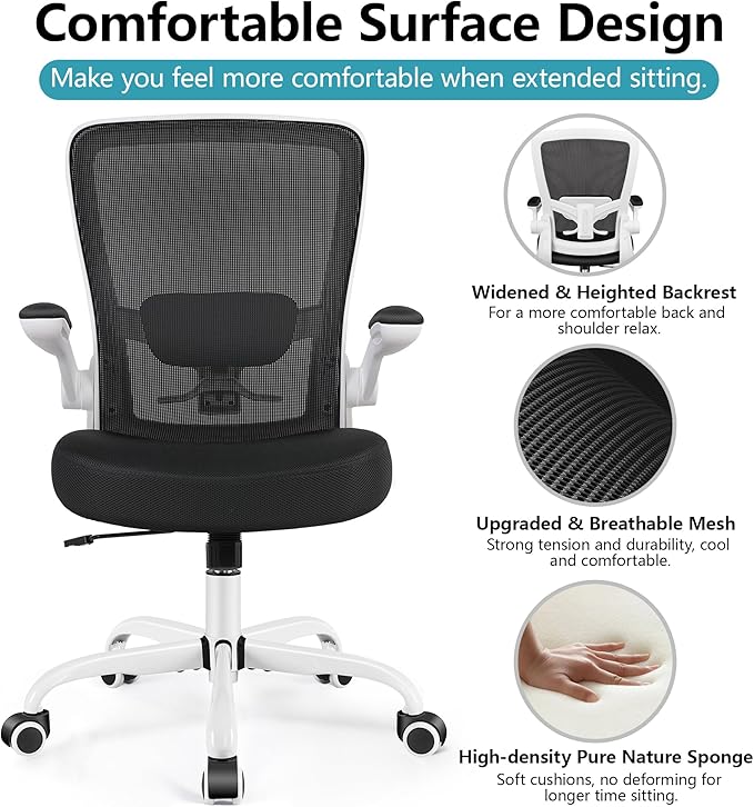 FelixKing Office Chair, Ergonomic Desk Chair Breathable Mesh Chairs with Adjustable High Back Lumbar Support Flip-up Armrests, Executive Swivel Comfy Task Computer Chairs for Home Office White-DeskLoop Office