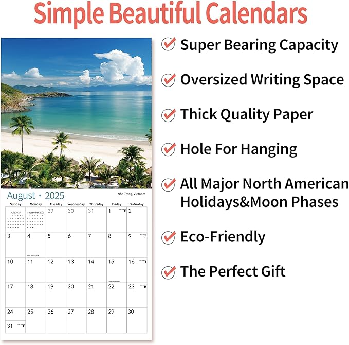 2025 Wall Calendar,Calendar 2026, July 2025 - June 2026, Wall Calendar BEACHES, 12" x 24" Opened,Full Page Months Thick & Sturdy Paper for Calendar Organizing & Planning-DeskLoop Office