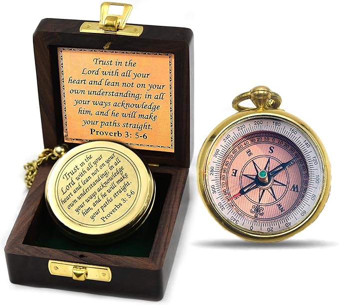 Trust in The Lord With All Your Heart - Proverbs 3:5-6 Quote Engraved Compass With Wooden Box, Greeting Card, Gift Compass, Graduation Day Gifts 2024 for Women Men Boys Girls-DeskLoop Office