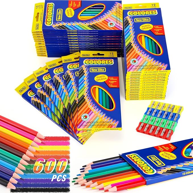600 Count Colored Pencils Bulk, 12 Assorted Colors, 50 Packs Pre-sharpened Colored Pencils Back to School Supplies Aesthetic Kit for Kindergarten Preschool, with 24 Pcs Sharpeners-DeskLoop Office