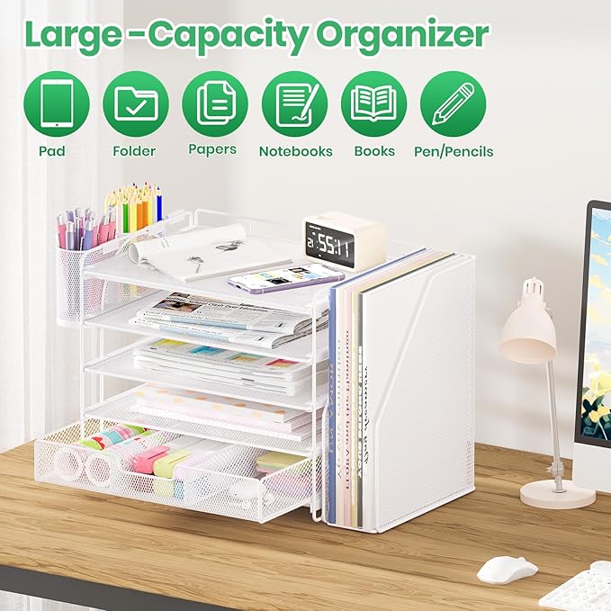 Desk Organizers and Accessories, 5-Tier Paper File Organizer with Drawer & Pen Holder, Office Desk Accessories Workspace Desktop Organizer for Office Supplies (White)-DeskLoop Office