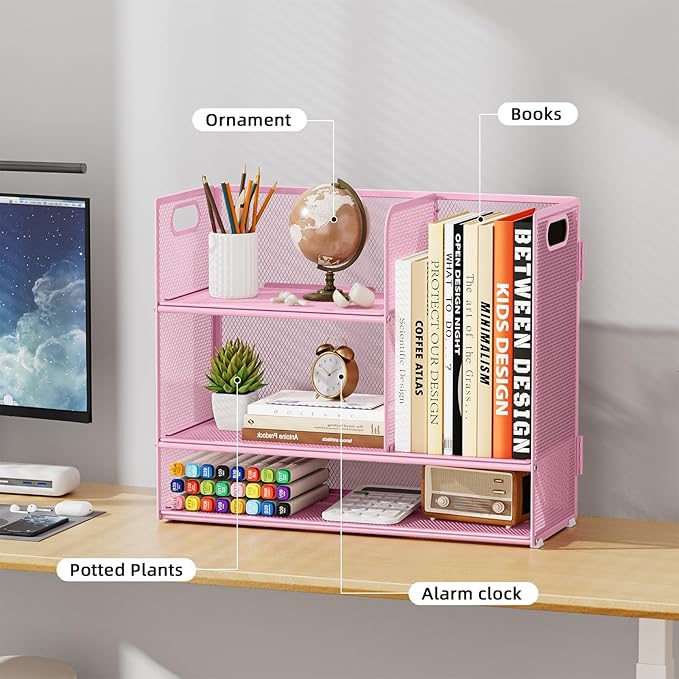 Marbrasse 3-Tier Desk Shelf Organizer with Handle, Desktop Bookshelf File Holder, Mesh Display Shelf Organizer Storage Rack for Office, Home, Supplies, Kitchen (Pink)-DeskLoop Office