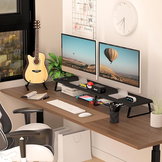 Aothia Large Dual Monitor Stand Riser - Monitor Stand For 2 Monitors, Monitor Stand With Drawer,Desk Shelf For Monitor, Wood Monitor Riser Stand with Storage Organize For Pc,Tv,Laptop,Screen (Black)-DeskLoop Office