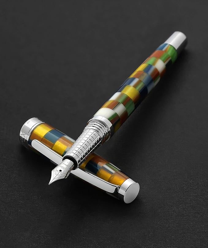 Xezo Urbanite II Fountain Pen, Fine Nib. Jazzy Multicolor Checkered Acrylic on Brass. Chrome Plated. Handcrafted, Limited Edition, Serialized-DeskLoop Office