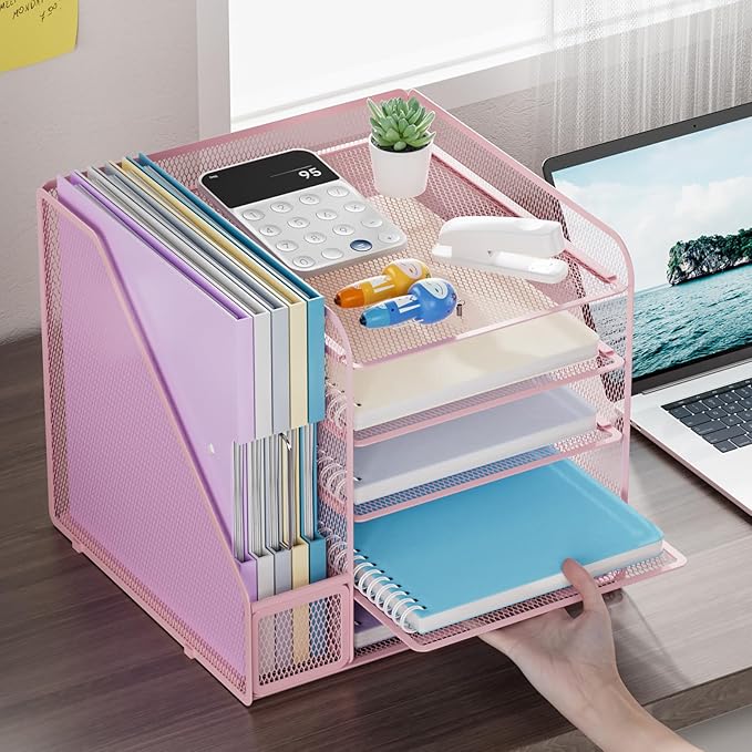 Marbrasse Desk Organizers and Accessories, 5-Tier Paper Letter Tray Organizer with File Holder, Mesh File Organizer, Office Desk Accessories & Organization for Supplies (Pink)-DeskLoop Office