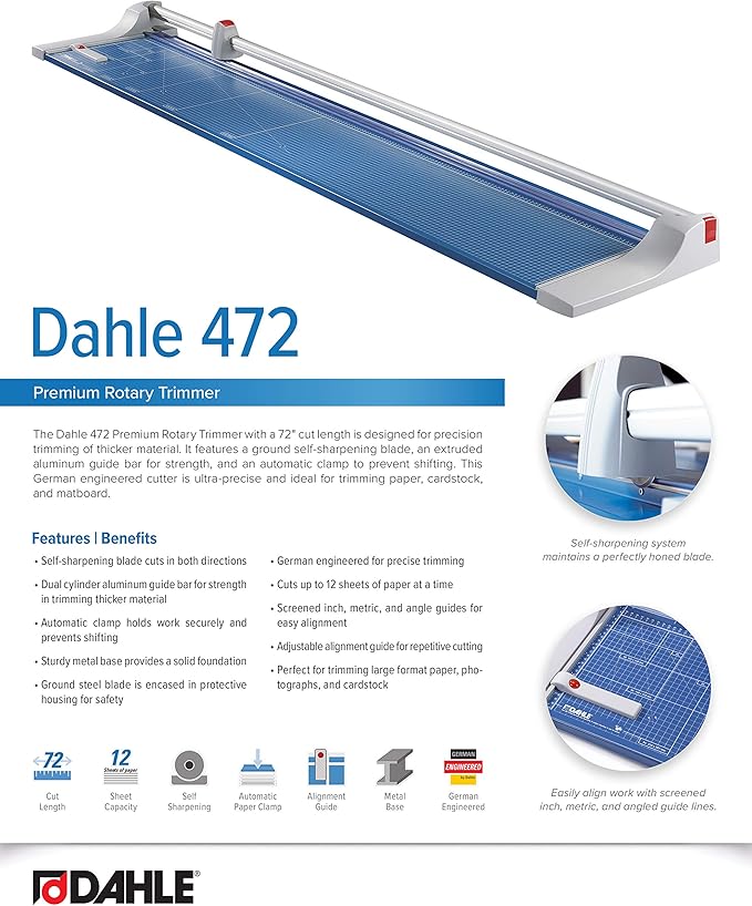 Dahle Large Format Premium Rolling Trimmer, 72" Cut Length, 12 Sheets Capacity, Cut Mat Board, Self-sharpening Blade Cuts in Both Directions, Ground Steel Blade, Automatic Clamp Holds (472)-DeskLoop Office