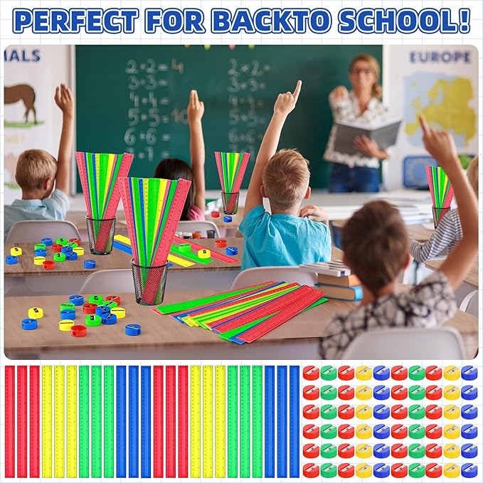 100 Pcs Plastic Rulers and 100 Pcs Mini Round Manual Pencil Sharpener Bulk, 4 Assorted Colors Pocket Sized Pencil Sharpeners Colorful Straight Ruler Back to School Supplies for Kids (Novel,12 Inch)-DeskLoop Office