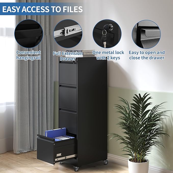 4 Drawer Mobile File Cabinet, Metal Filing Cabinet with Lock and Wheels, Home Office Rolling File Cabinets for Legal/Letter Hanging File Folders, Un-Assembled (Black)-DeskLoop Office