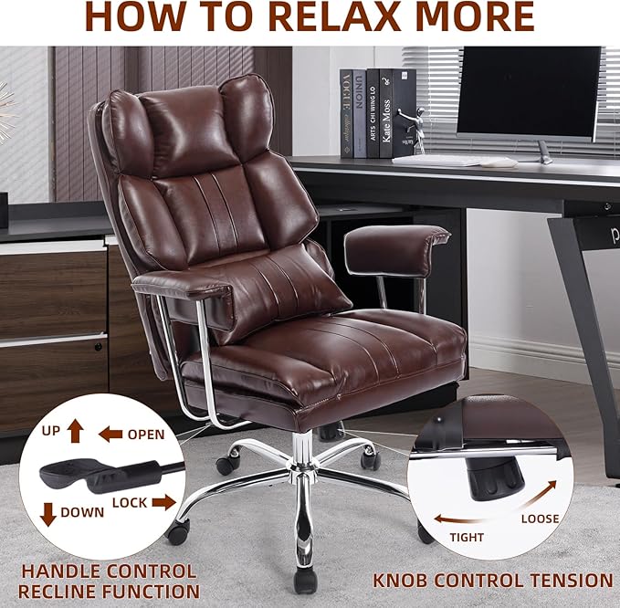 Big and Tall Office Chair 500lbs Wide Seat Executive Office Desk Chair High-Back Office Task Chair, Ergonomic Lumbar Support Computer Office Chairs for Heavy People(Brown)-DeskLoop Office