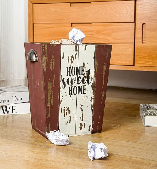 Small Wood Trash Can Wastebasket, Farmhouse Rectangular Garbage Can Waste Basket, Rustic Distressed Wooden Trash Recycling Bin with Metal Handles, Home Sweet Home Wood Storage Basket (Distressed)-DeskLoop Office