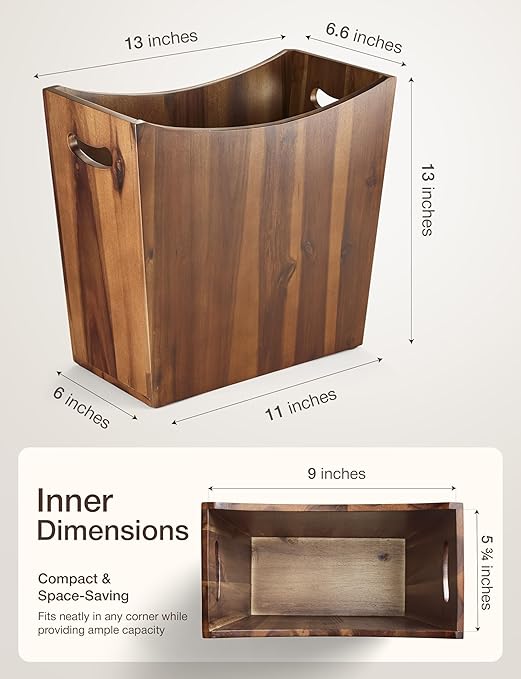 3 Gallons Rectangular Wastebaskets - Acacia Wood Waste Basket with Handles - Small Trash Can for Bathroom - Brown Garbage Bin for Spa Bathroom Decorative, Kitchen Counter, Living Room (Walnut)-DeskLoop Office