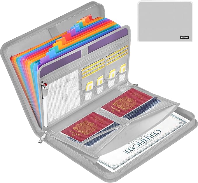 JUNDUN Accordion File Organizer - 12 Pocket Expanding File Folder with Zipper & Labels - Fireproof File Folder Organizer with Multi-Pockets,Document Organizer for Letter A4 Files and More (Silver)-DeskLoop Office