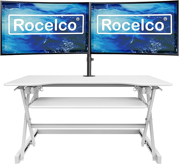 Rocelco 40" Large Height Adjustable Standing Desk Converter with Dual Monitor Mount BUNDLE - Quick Sit Stand Up Computer Workstation Riser - Retractable Keyboard Tray - White (R DADRW-40-DM2)-DeskLoop Office