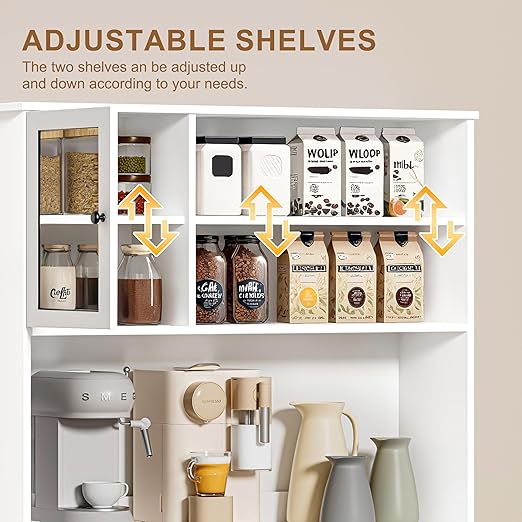 OLD CAPTAIN Tilt Out Trash Cabinet with Deodorising Function, Kitchen Hutch with Microwave Shelf and Drawer, Kitchen Pantry with Trash Cabinet for 10 Gallons, White-DeskLoop Office