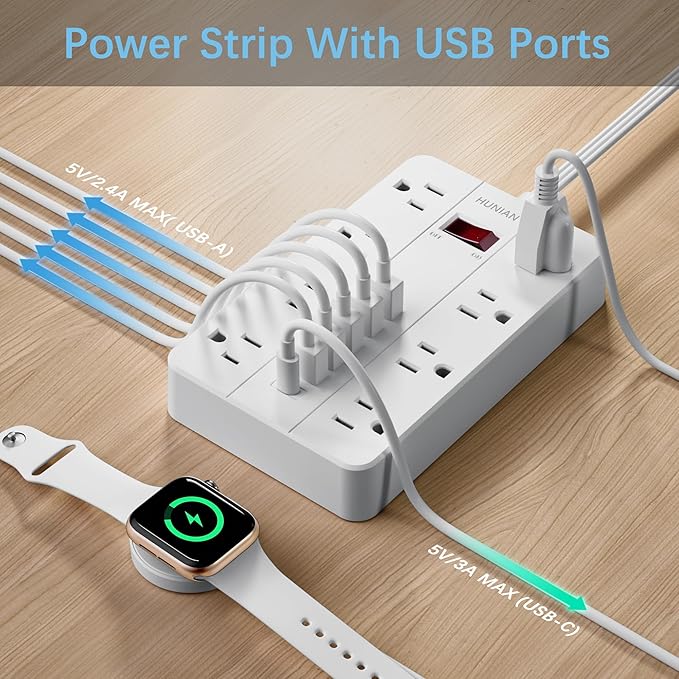 10 Ft Long Extension Cord,Power Strip Surge Protector HUNIAN Flat Plug with 8 Widely Spaced Outlets 6 USB(1 USB C Port), Wall Mount Charging Station for Home and Office,White-DeskLoop Office
