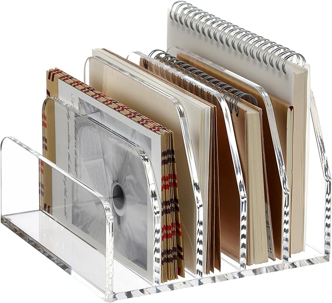 SANRUI Acrylic Desk File Organizer Holder for Desk, Clear Laddered 5 Upright Compartments Mail Sorters, Multifunction Desktop Envelope Folder Racks Document Holders for Office, Home, School-DeskLoop Office