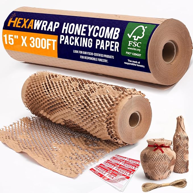 Honeycomb Packing Paper 15" x 300ft with Rope & 20 Fragile Stickers|Shipping & Moving Supplies|Small Business Packaging Supplies|Eco Friendly Bubble Wrap Packing Boxes for Moving Certified FSC C204227-DeskLoop Office
