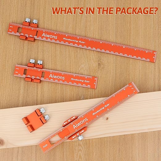 Woodworking Ruler Pocket Rule -12/8/6 Inch Precision Pocket Ruler with 45°& 30°Metal Slide Stop - Wood Marking Ruler Metric Inch Measuring Scribing Rulers - Aluminum Alloy Square Ruler-DeskLoop Office