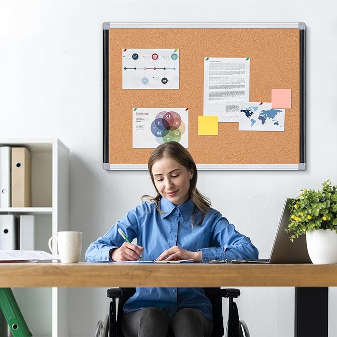 Board2by Cork Board Bulletin Board 20" x 30", Black/Silver Aluminium Framed Corkboard, Office Board for Wall Decor, Large Wall Mounted Notice Pin Board with 18 Push Pins for School, Home & Office-DeskLoop Office