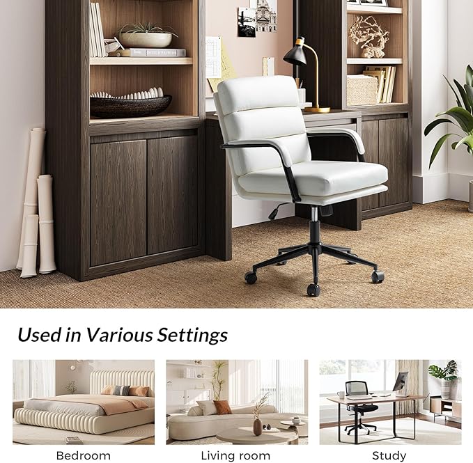 HULALA HOME Modern Faux Leather Home Office Chair with Tilt Lock & Metal Base, Desk Chair with Wheels & Padded Cushion, 360° Swivel Wide Seat Computer Task Chair, White-DeskLoop Office