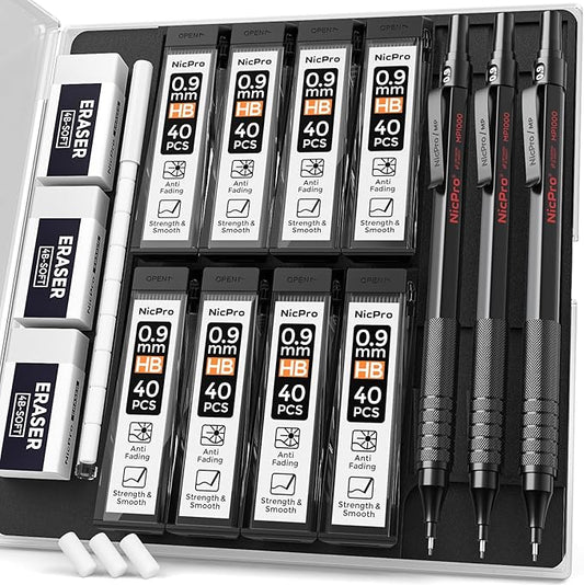 Nicpro 0.9 Metal Mechanical Pencil Set with Case, 3PCS Black MP1000 0.9mm Drafting Pencil, 8 Tubes HB Lead Refills, 3PCS Erasers, Erasers Refills for Artist Writing, Drawing, Sketching-DeskLoop Office