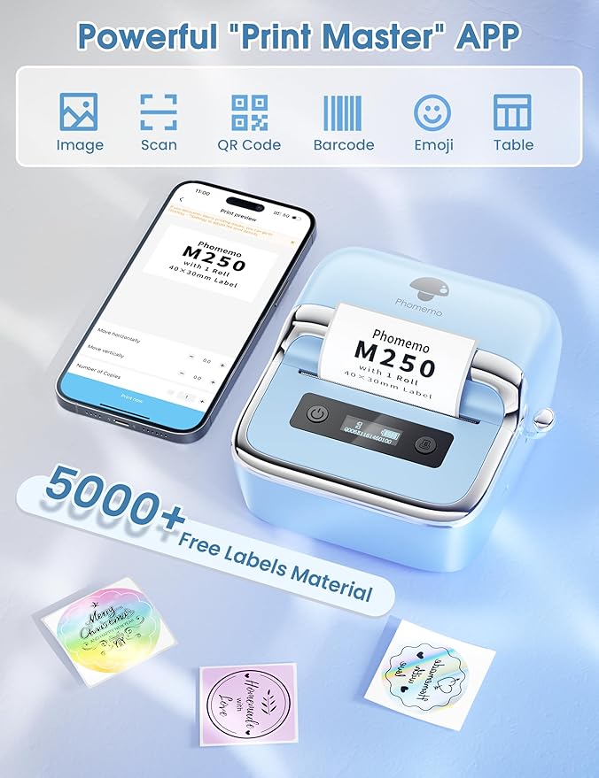 Phomemo M250 Label Maker, 3" Thermal Barcode & Address Printer - Portable Label Maker for Business, Home & Logos, Sticker Printer Compatible with Phones & PCs, with 100 Labels, 40x30mm-DeskLoop Office