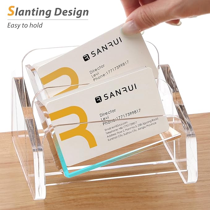 SANRUI Acrylic Business Card Holder for Desk, 2 Tier Clear Tilt Business Name Card Display Holders Stand Storage Organizer Fits 120 Business Cards (Horizontal, 2-Slot)-DeskLoop Office