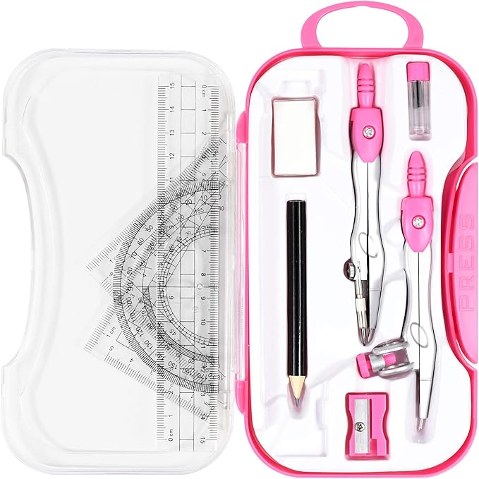 10 Pieces Math Geometry Kit Set Student Supplies with Shatterproof Storage Box,Includes Rulers,Protractor,Compass,Eraser,Pencil Sharpener,Lead Refills,Pencil,for School and Drawings(Pink)-DeskLoop Office