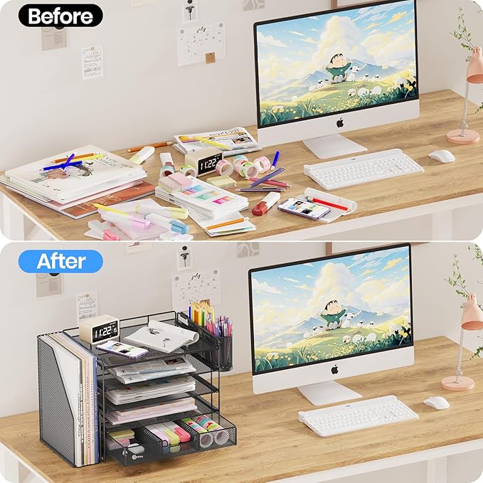 Desk Organizers and Accessories, 5-Tier Paper File Organizer with Drawer & Pen Holder, Office Desk Accessories Workspace Desktop Organizer for Office Supplies(Black)-DeskLoop Office