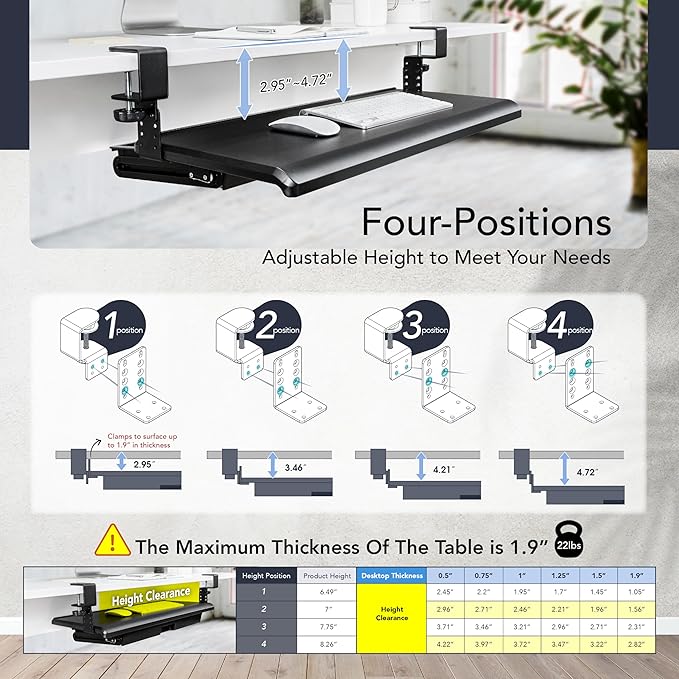 EHO Keyboard Tray with Drawer - Clamp On Under Desk Pull Out Extender Table Attachment Platform with Storage Organizer, Large 27.5" (31.8" Including Clamps) x 12.2", Height Adjustable for Home Office-DeskLoop Office