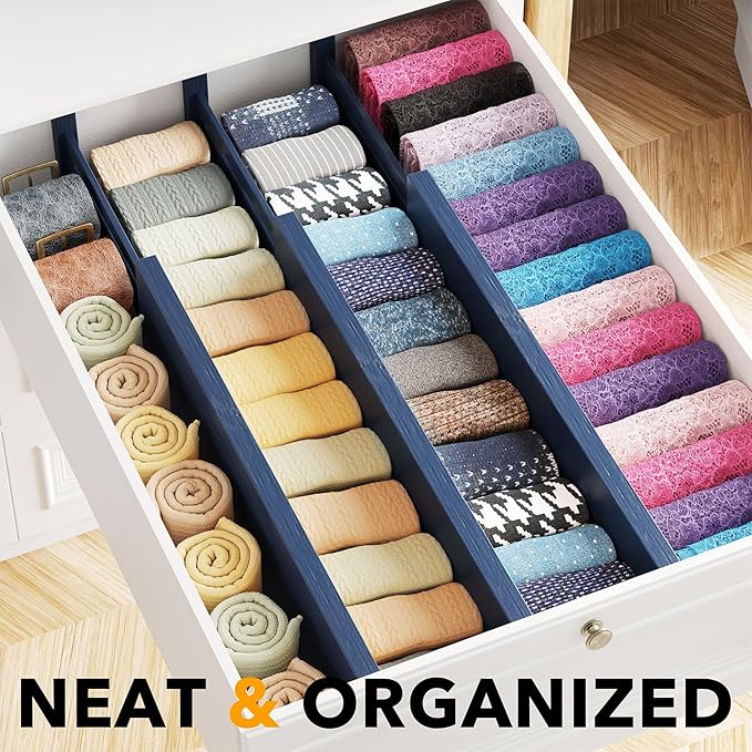 SpaceAid Bamboo Dresser Drawer Dividers 6 Pack, 4.65“ High Adjustable 17“-22” Drawer Organizers, Expandable Organization for Clothing, Clothes, Dressers, Navy Blue-DeskLoop Office