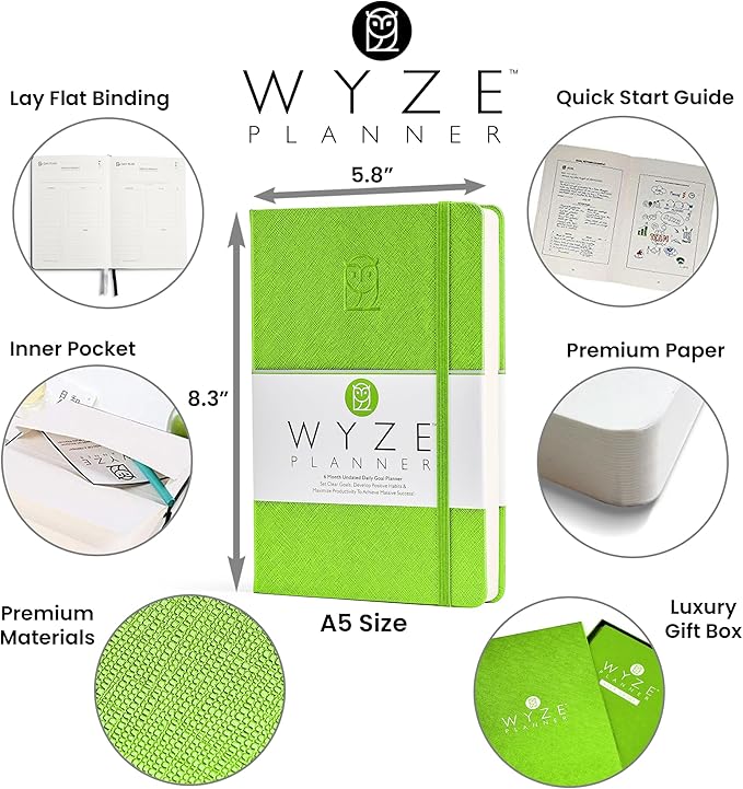 Undated Daily Planner – 6-Month A5 Productivity Organizer with Full Page Per Day, Hourly Schedule, Goal Setting, Habit Tracker, Weekly & Monthly Pages – Hardcover Time Management Notebook (Lime Green)-DeskLoop Office