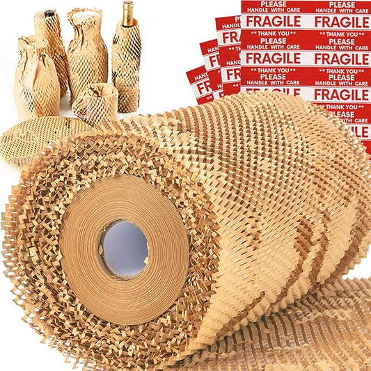 Honeycomb Packing Paper Wrap 15''x20520" (1710 ft), Substitute Alternative for Bubble Cushioning Wrap for Moving Shipping Packaging, Recyclable Moving Supplies with 48 Fragile Sticker Labels-DeskLoop Office