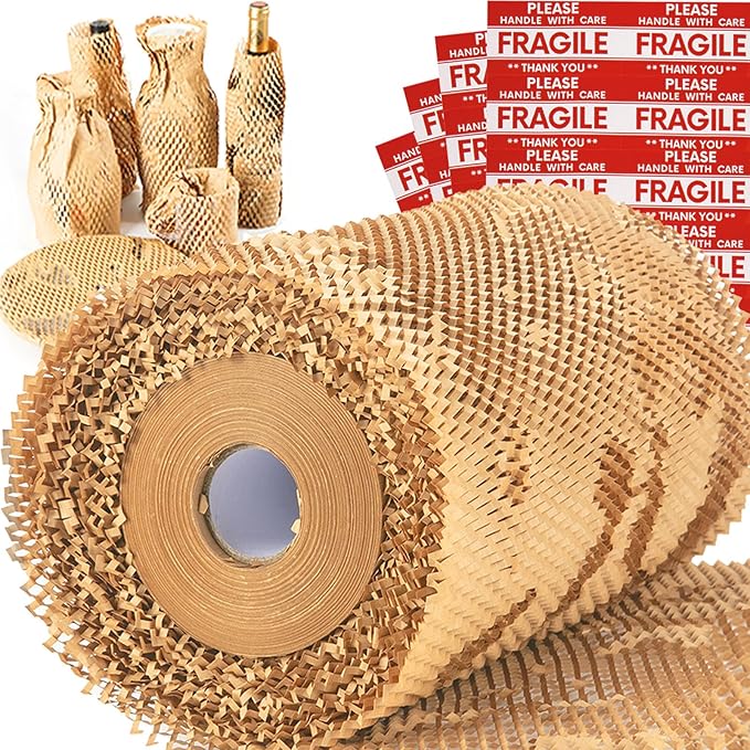 Honeycomb Packing Paper Wrap 15''x12000" (1000 ft), Substitute Alternative for Bubble Cushioning Wrap for Moving Shipping Packaging, Recyclable Moving Supplies with 48 Fragile Sticker Labels-DeskLoop Office