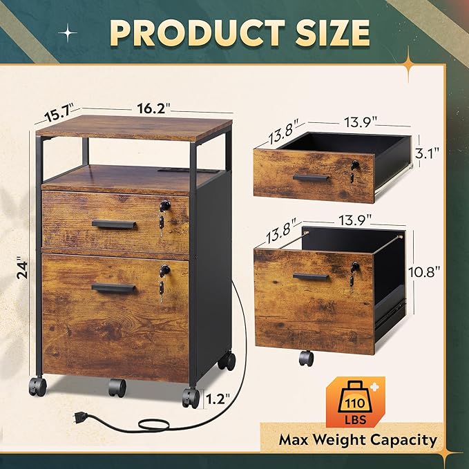 DEVAISE 2 Drawer File Cabinet with Lock and Charging Station, Wood Filing Cabinet fits A4 or Letter Size, Mobile Printer Stand with Open Storage Shelf for Home Office, Rustic Brown-DeskLoop Office