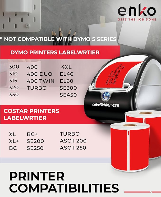 enKo Compatible Red Zebra 4x6 Label/Dymo Labels 1744907 (4 x 6) for Dymo Labelwriter 4XL Shipping Zebra Direct Thermal Printer (6 Rolls, 1320 Labels)-DeskLoop Office