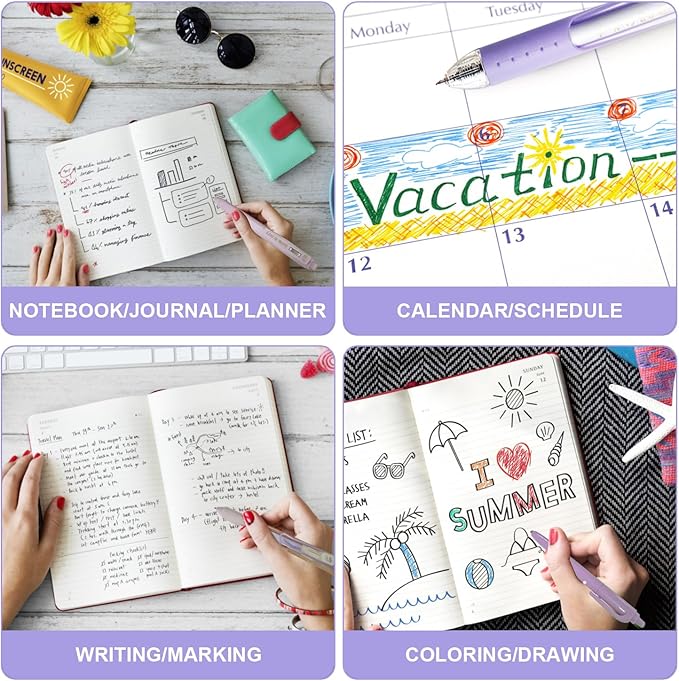 6 Count Pastel Gel Ink Pen Set,Cute Note Taking 0.5mm Fine Point Retractable 5 Count Black Ink Pens with 1 Count Highlighter for Writing, Journaling, School, Office (Purple)-DeskLoop Office