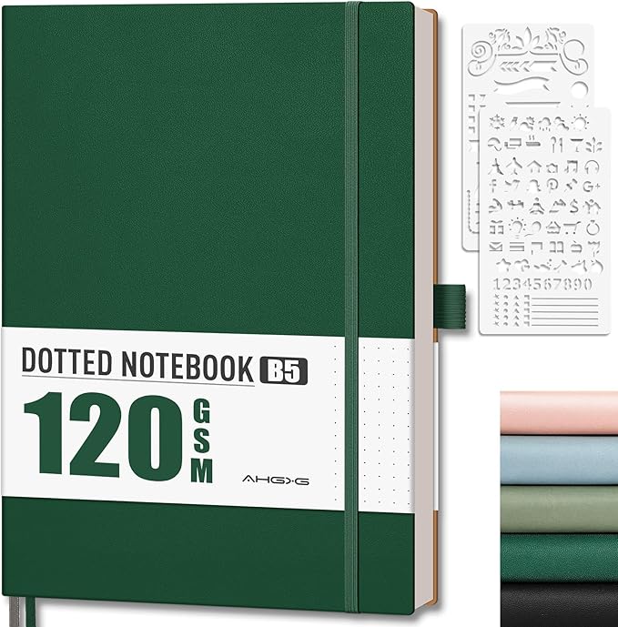 AHGXG Bullet Dotted Journal - Dot Grid Notebook Journal, 120 GSM Thick Acid-Free Paper, Large B5 Dotted Notebook 96 Pages, Leather Softcover, Inner Pocket, Journal Stencil, 7.6'' X 10'' - Green-DeskLoop Office