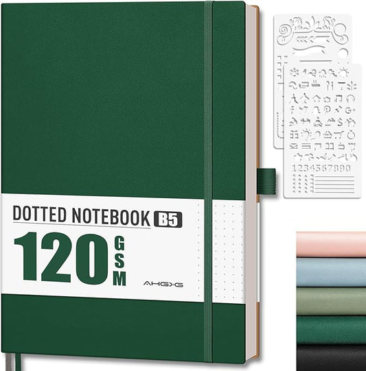AHGXG Bullet Dotted Journal - Dot Grid Notebook Journal, 120 GSM Thick Acid-Free Paper, Large B5 Dotted Notebook 96 Pages, Leather Softcover, Inner Pocket, Journal Stencil, 7.6'' X 10'' - Green-DeskLoop Office