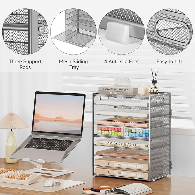 SUBEKYU 9 Tier Paper Organizer for Desk - Metal Mesh Letter Tray File Paper Sorter Organizer Include 6 Pcs Adjustable Height Slid Tray with Handles for Office School Home Organization Storage, Silver-DeskLoop Office