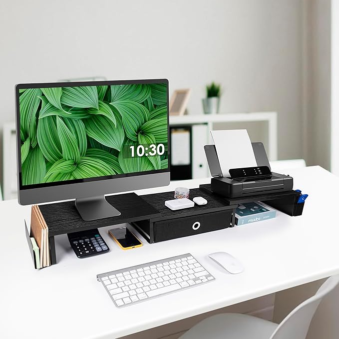 Dual Monitor Stand Riser w/ Drawer & Metal Leg, Large Computer Monitor Riser w/ Storage For 2 Monitors, Desk Shelf For Monitor w/ Adjustable Length & Angle, Desktop Organizer For Laptop/TV/Printer-DeskLoop Office