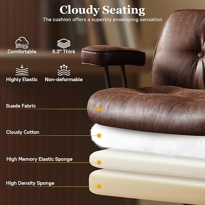 Mid Century Modren Large Office Chair, Big and Tall Ergonomic Executive Chair for Heavy Duty People, Computer Desk Task Chair with Wheels, Faux Lether Fabric Wide Chair for Home Sturdy,Dark Brown-DeskLoop Office