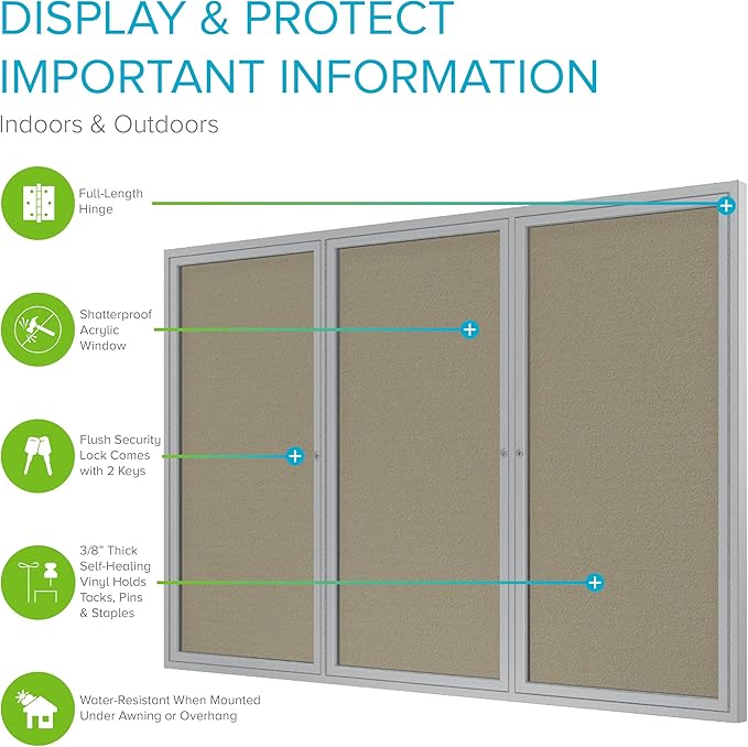 Ghent 36" x 72" 3-Door Outdoor Enclosed Bulletin Board with Lock, Vinyl Material, Shatter Resistant Acrylic Panels, Made in the USA, Satin Aluminum Frame - Caramel-DeskLoop Office