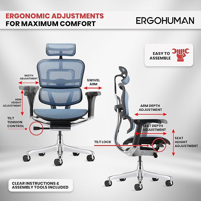 Ergohuman Eurotech ME7ERG GEN2 High Back Mesh Office Chair with Tilt Tension Control, Tilt Lock, Back Angle, Back Height, Synchro Tilt, Seat Height, Seat Depth, and Arm Height Adjustments, Blue-DeskLoop Office