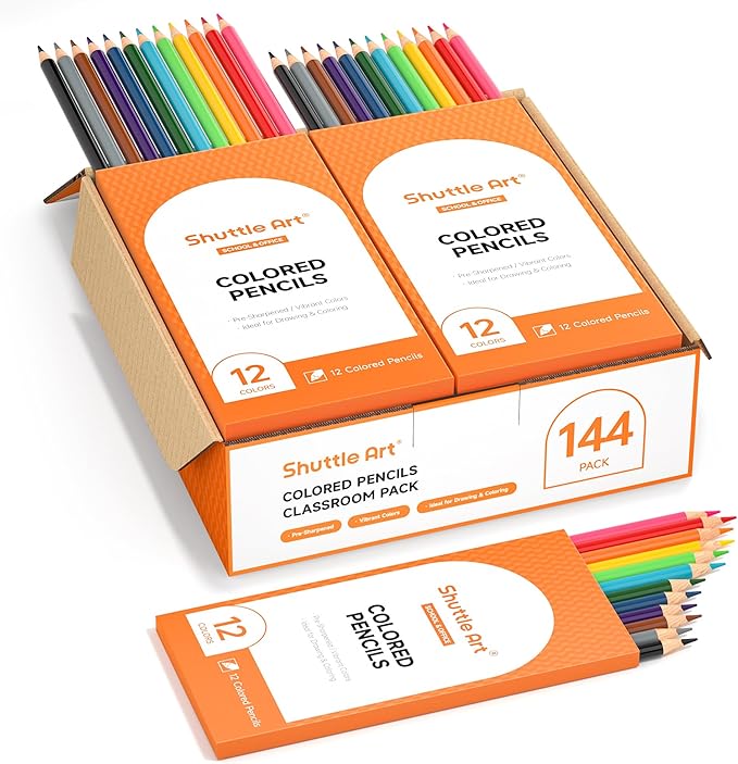 Shuttle Art 144 PCS Colored Pencils Bulk, 12 Assorted Colors, Pack of 12, Break-Resistant, Pre-sharpened Colored Pencils for Kids, Bulk Pack School Supplies for Teachers & Students-DeskLoop Office