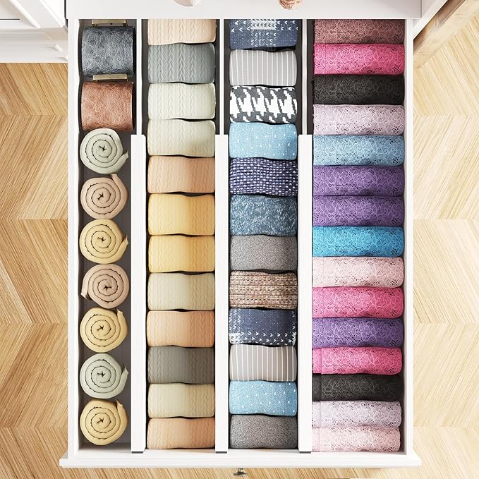 SpaceAid Bamboo Dresser Drawer Dividers 6 Pack, 4.65“ High Adjustable 17“-22” Drawer Organizers, Expandable Organization for Clothing, Clothes, Dressers, White-DeskLoop Office