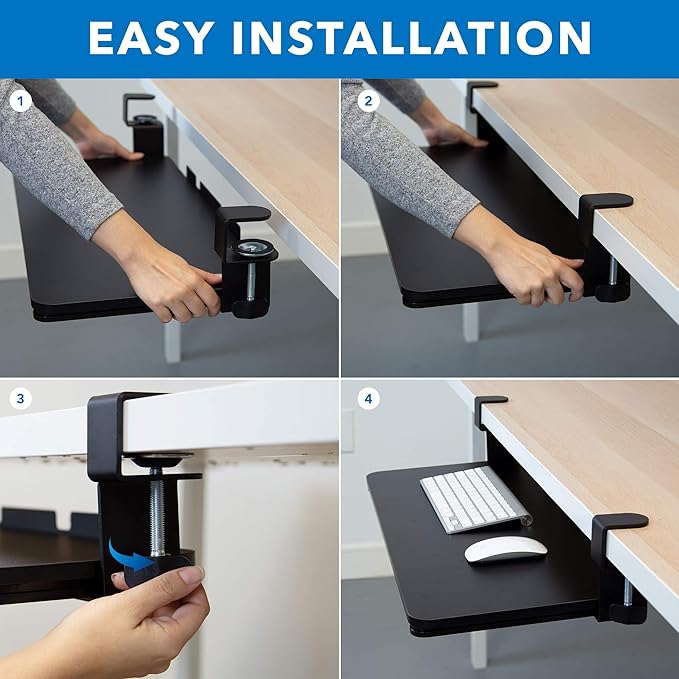 Mount-It! Under-Desk Keyboard Tray, Slide-Out Clamp-On Keyboard and Mouse Drawer, 26.4" W x 11.8" D Ergonomic Retractable Platform for Typing, No-Drill Installation, Black-DeskLoop Office