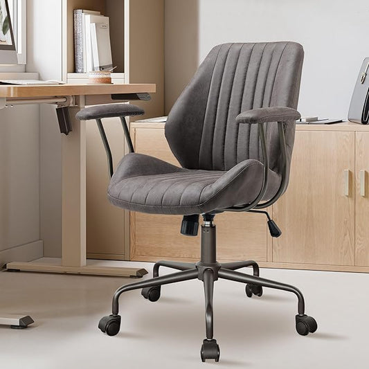 Mid Century Modren Office Chair - Mid Back Swivel Executive Chair with Lumbar Support,Ergonomic Computer Desk Chair with Wheels,Faux Lether Suede Task Chair,350lbs (Grey, Mid Back)-DeskLoop Office