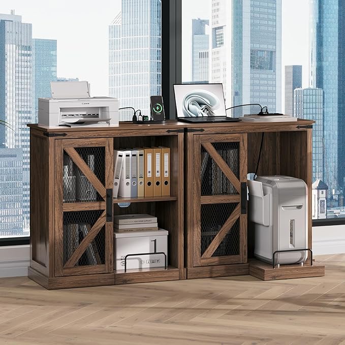 Printer Stand with Storage,File Cabinet with Socket and USB Charging Port,Farmhouse Paper Shredder Stand Rack with Slide-Out Shelf,Walnut-DeskLoop Office